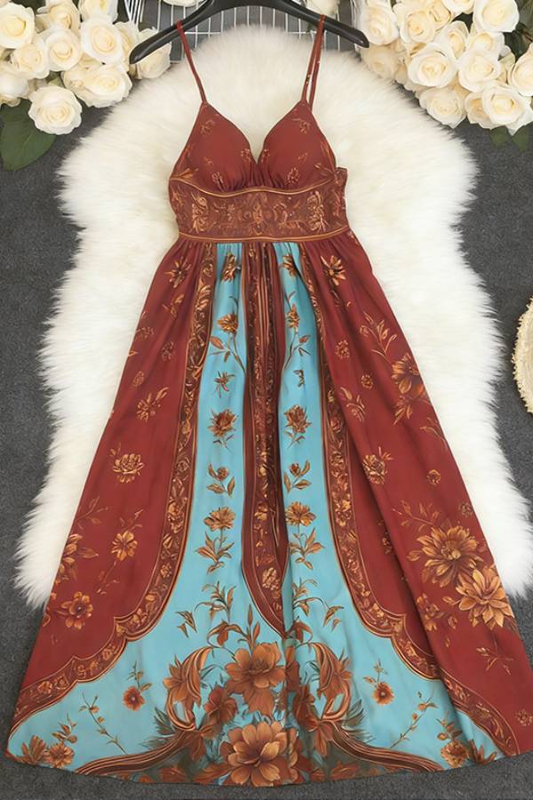 Boho Vintage Floral Print V-Neck Spaghetti Strap High Slit Maxi Vacation Dress