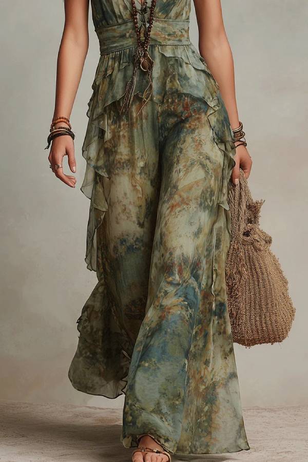Bohemian Watercolor Print Ruffled Maxi Dress