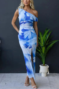 Escala Mesh Overlay Floral Print One Shoulder Cross Detail Slit Stretch Maxi Dress