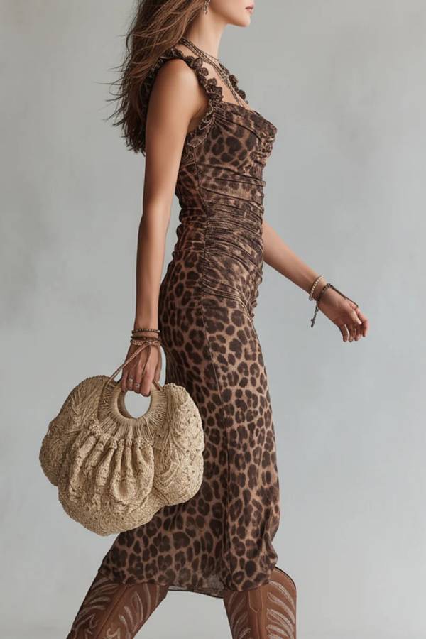 Leopard Print Ruched Mesh Midi Dress
