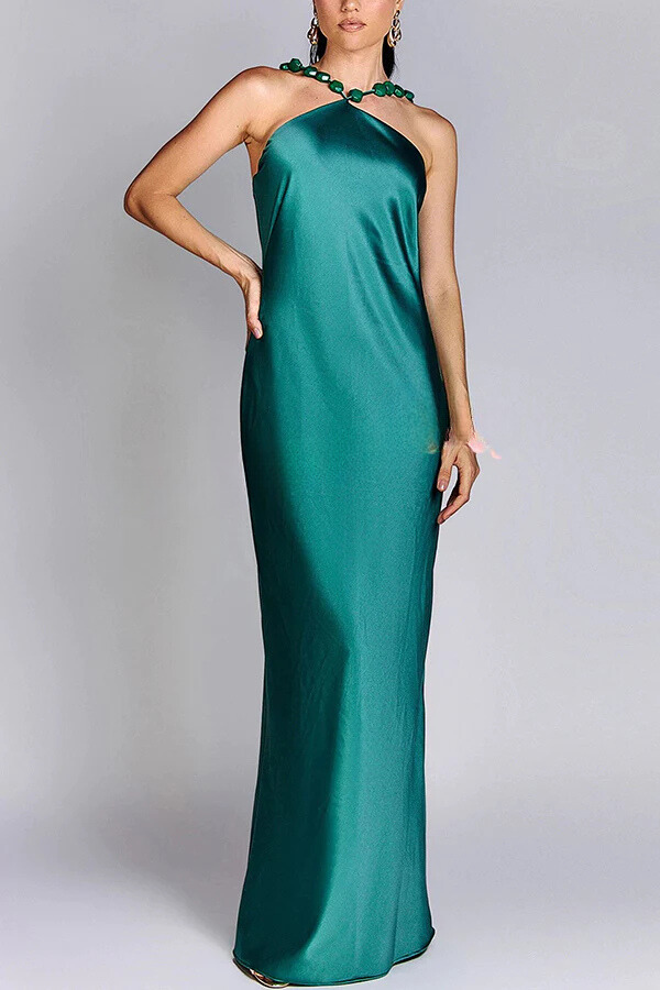 Luxurious and Elegant Satin Stone Halter Straps Maxi Dress