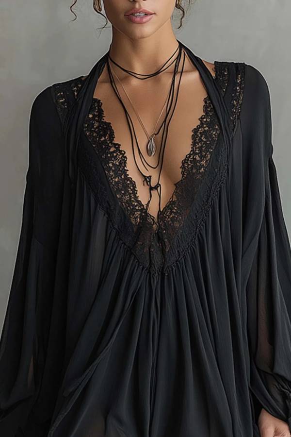 Black Chiffon Halter Mini Dress With Lace Neckline