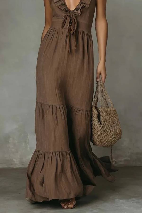 Brown Bohemian V-neck Ruffled Maxi Dress