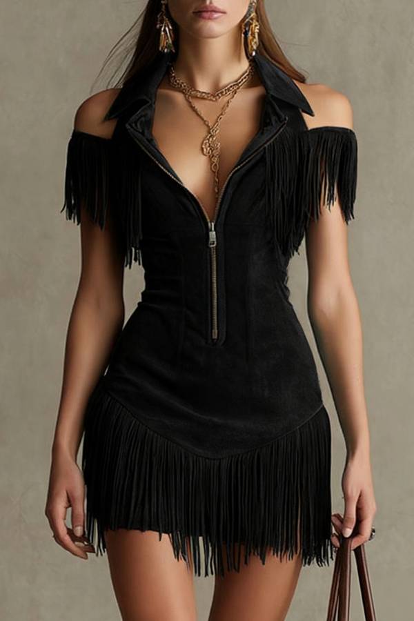 Western-Style Lapel Zipper Tassel Slim-Fit Mini Dress