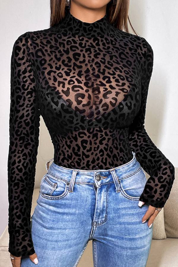 High-neck sheer mesh print bodysuit