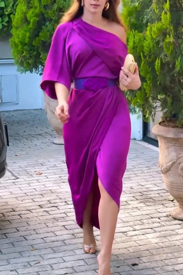 Whispered Yes Satin Irregular Lapel Neckline Design Ruched Maxi Dress