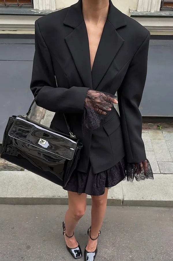 Solid Color Lace Panel Long Sleeve Button Elegant Blazer