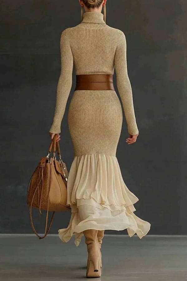 Elegant Asymmetrical Ruffled Knit Midi Dress