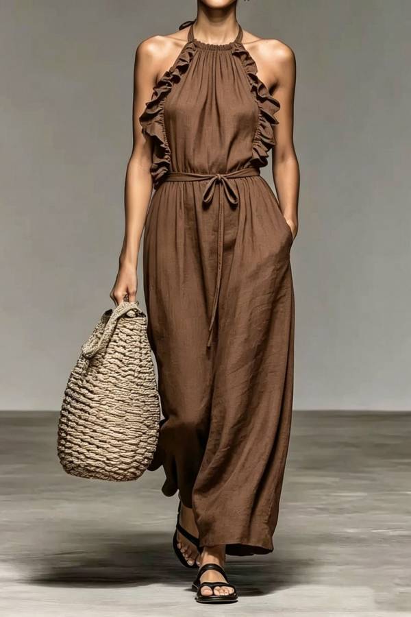 Halter Ruffle Trim Tie Waist Linen Wide Leg Jumpsuit