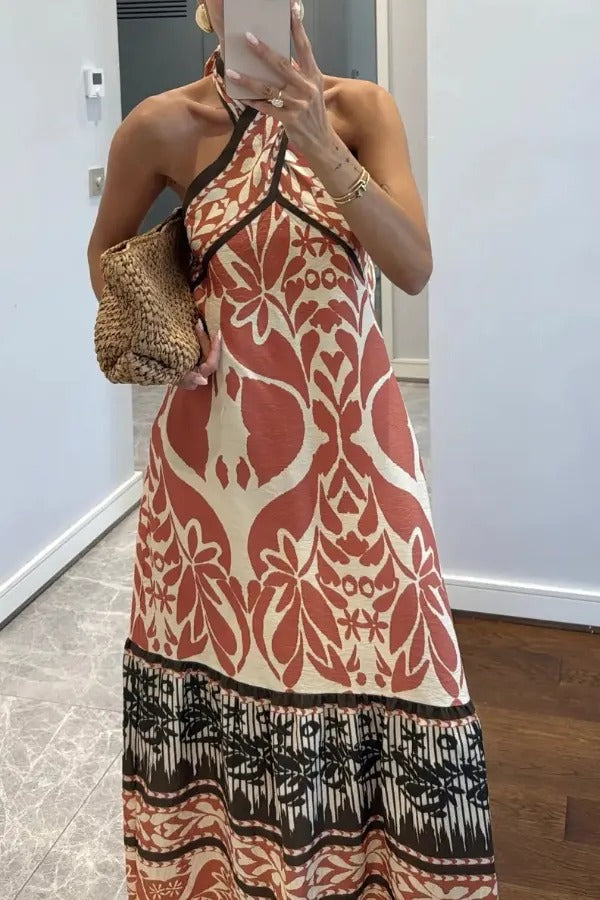 Bohemian Style Unique Print Halter Neck Casual Vacation Maxi Dress