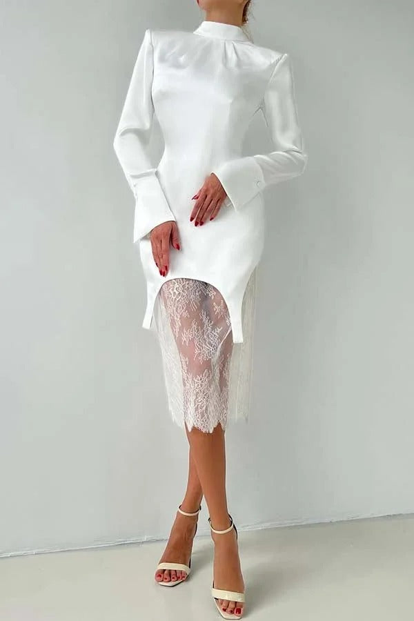 Melissa Satin High Neck Long Sleeve Curved Hem Top and Lace Midi Skirt Set