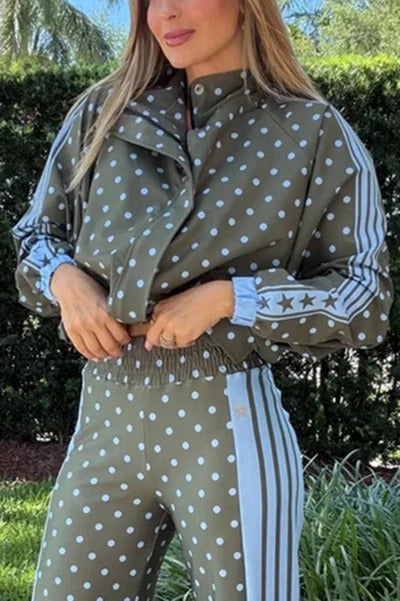 Lucienne Polka Dot Striped Star Print Zipper High Neck Pocket Sporty Jacket
