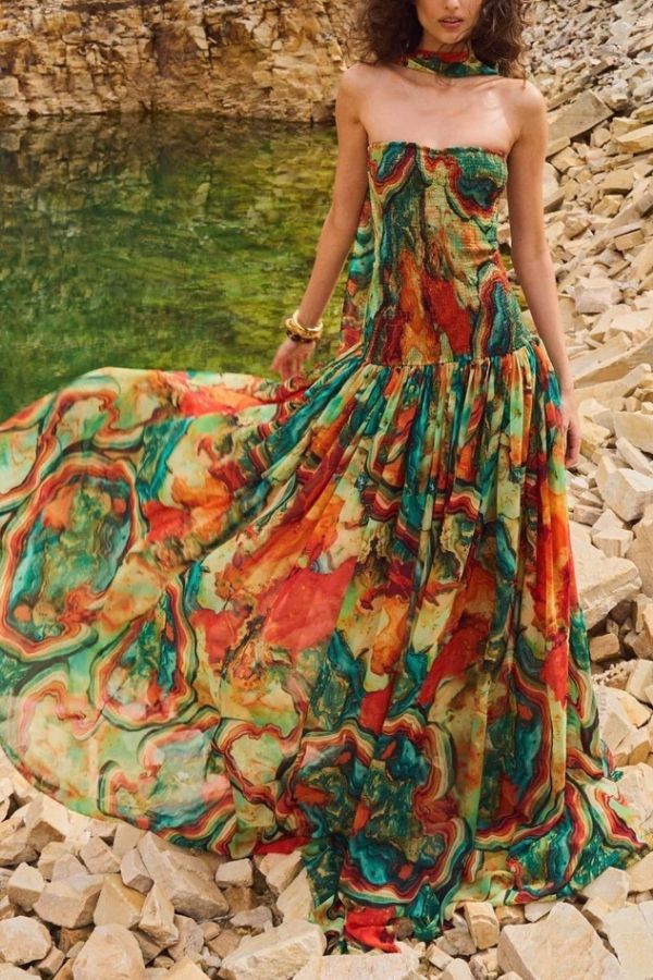 Vacay Vibes Colorful Lava Print Off Shoulder Smocked Scarf Maxi Dress