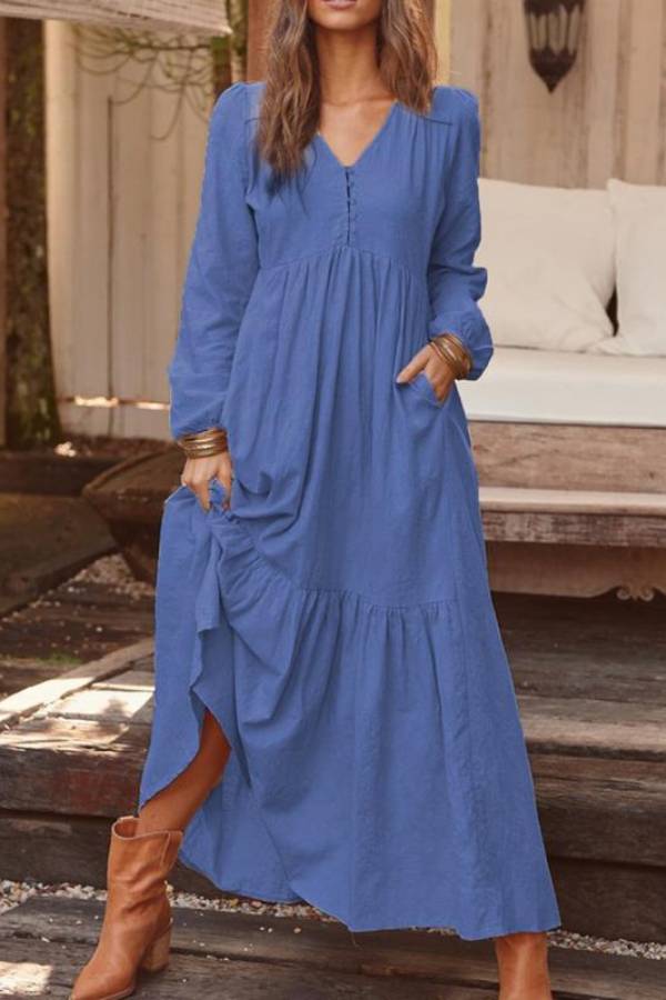 V-neck long-sleeved loose-fitting long skirt