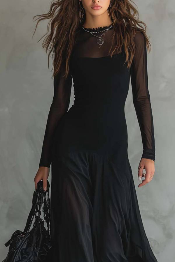 Black Tulle Patchwork Loose-fitting Maxi Dress