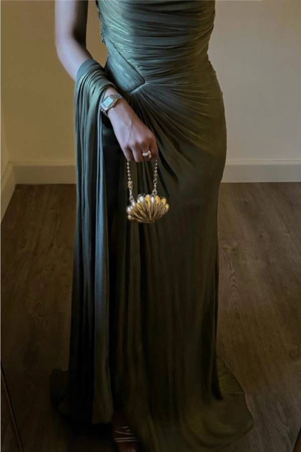 Olive green one-shoulder pleated high slit dress