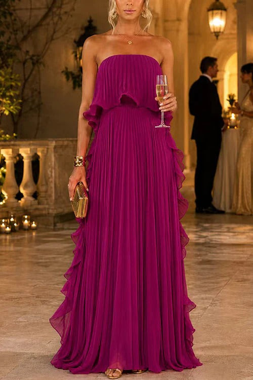 Strapless Tube Ruffle Pleated Swing Maxi Dress