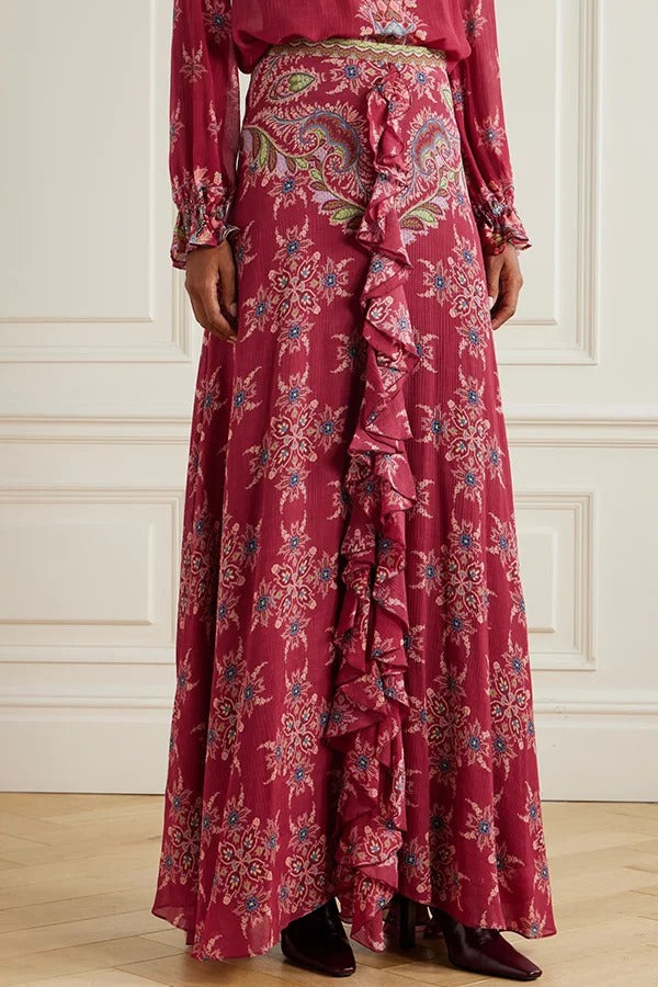 Unique Printed Chiffon Long-sleeved Loose Shirt and Elegant Ruffled Maxi Skirt Set