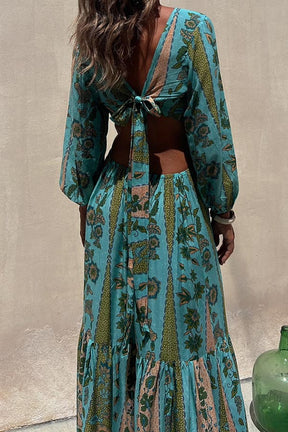 Goddess of the forest v-neck long-sleeved long-sleeved dress with double sides exposed waist