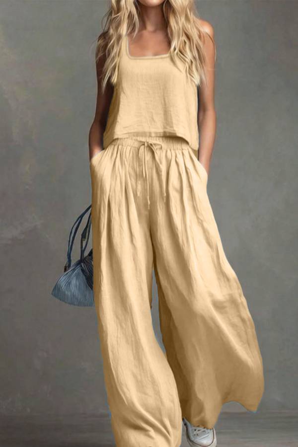 Linen-Style Square-Neck Cami and Wide-Leg Pants Set