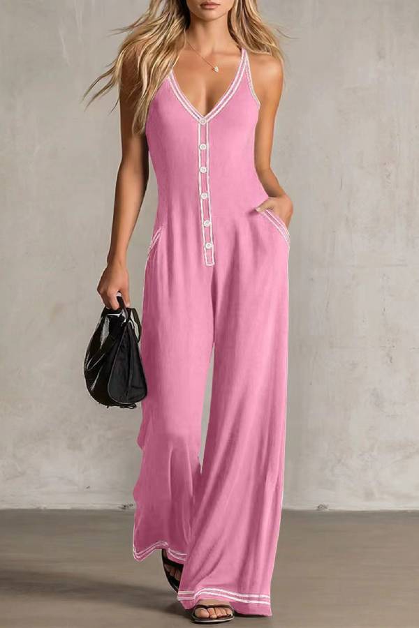 Contrast White Trim V-Neck Spaghetti Strap Single Button Draped Wide Leg Jumpsuit