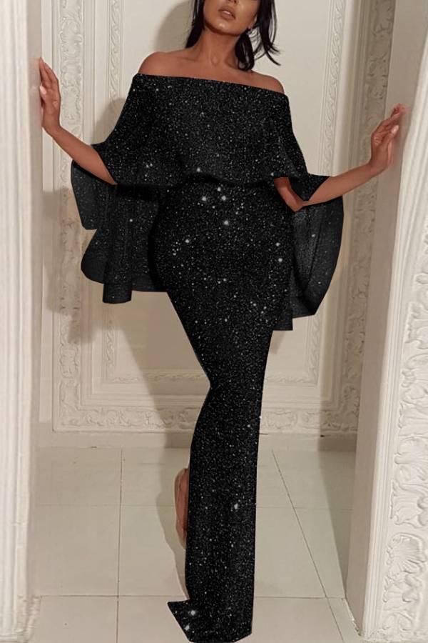 One-shoulder hip-wrapped slit evening dress