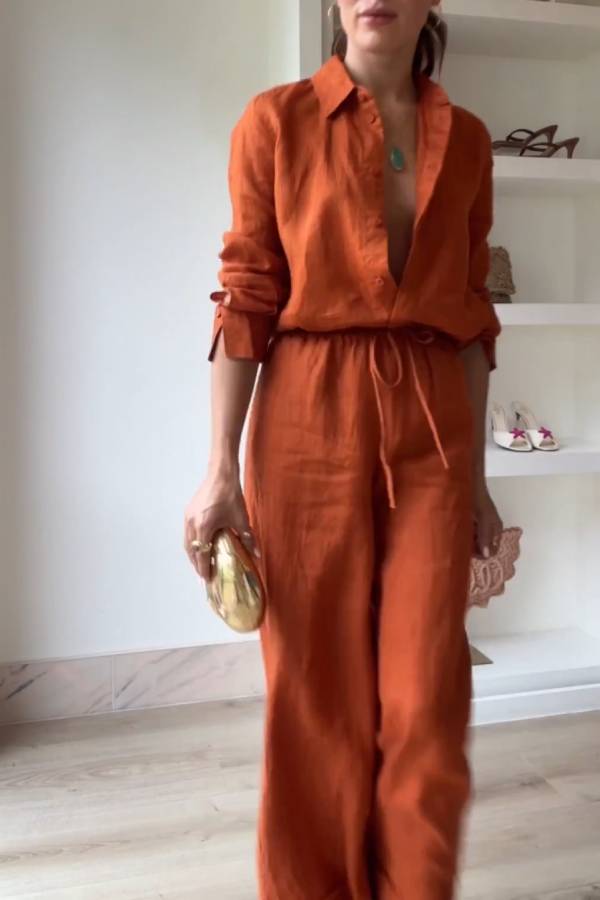 Two-piece set of linen loose-fitting wide-leg pants with shirt collar