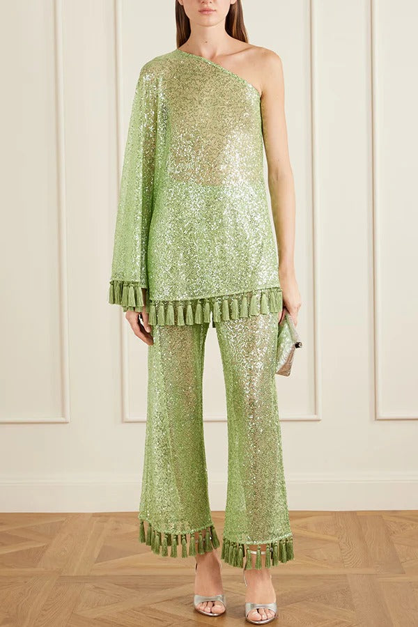 Reina Sequin Fringed Trim One Shoulder Bell Sleeve Top and High Rise Wide Leg Pants Set