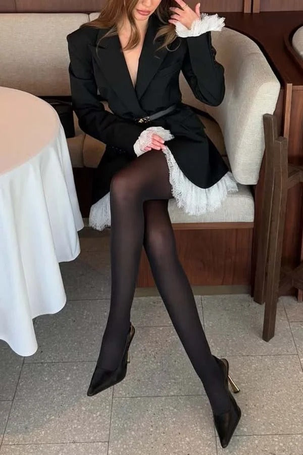 Cue The Chic Lace Trim Button Long Sleeve Lapel Blazer Mini Dress