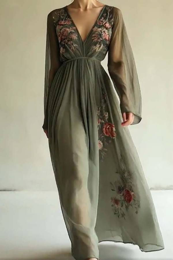 Floral Embroidered Tulle Waist-Defining Long Dress