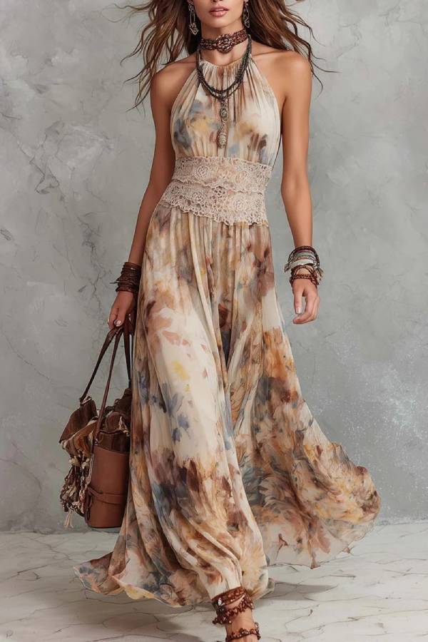 Bohemian Watercolor Print Halter Maxi Dress