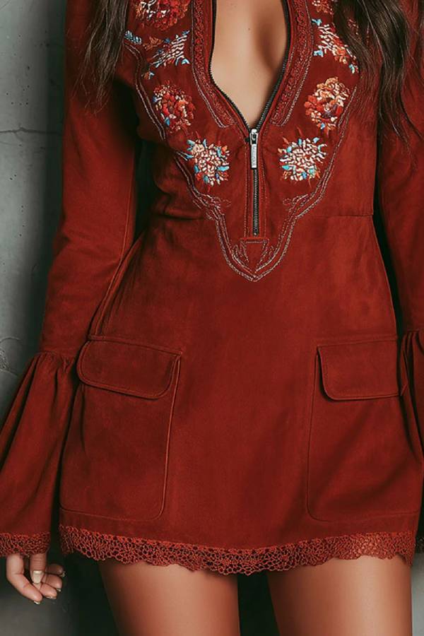 Vintage Rust Red Bell Sleeve Embroidered Faux Suede Lace Mini Dress