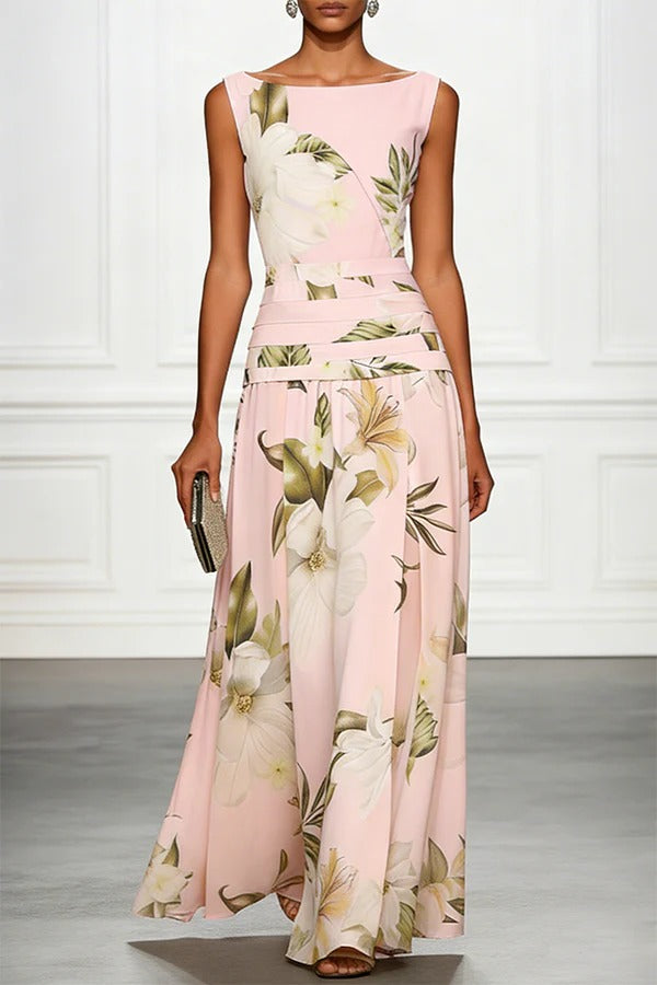 Classic Floral Print Boat Neck Ruched Waist Sleeveless A-Line Maxi Dress