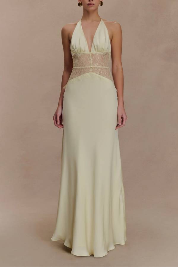 Soft and elegant halterneck lace-paneled maxi dress