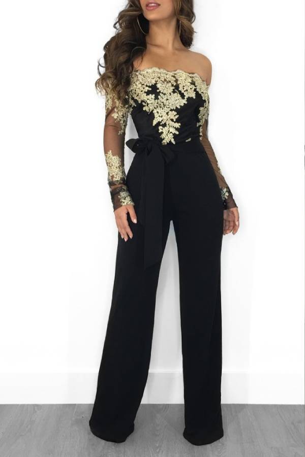 Off-the-shoulder lace wide-leg jumpsuit