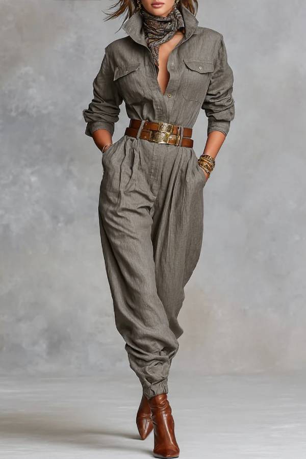 Cotton And Linen Blended Long Sleeve Shirt Jumpsuit