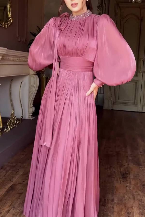 Retro court style puff sleeve waist-cinching pleated evening gown