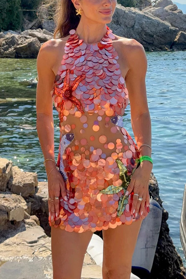 Dorothy Large Sequin Fish and Starfish Embroidery Detail Halter Mini Dress