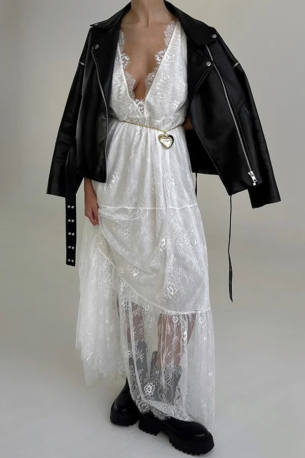 Fashionable Sheer Lace V-neck Backless Elegant Maxi Dress