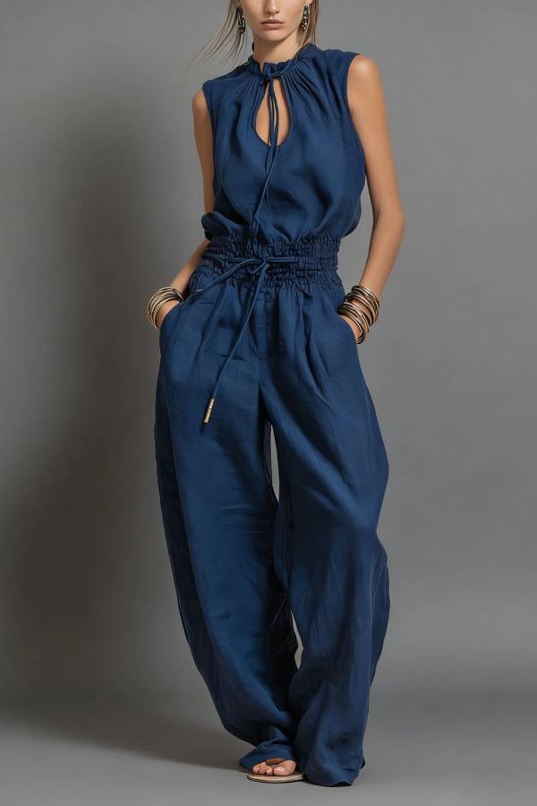 Ruffle Neck Drawstring Sleeveless Wide-Leg Jumpsuit