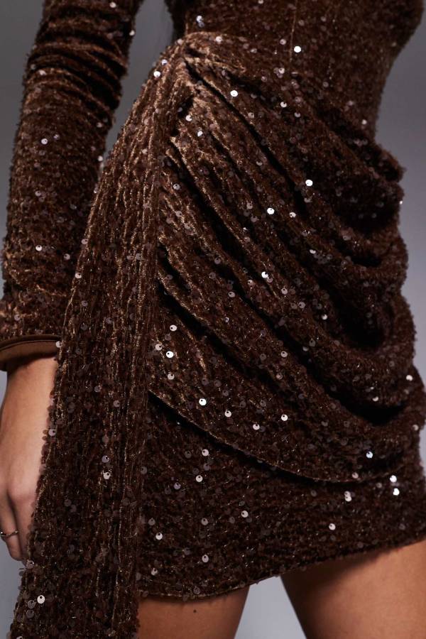ASOS LUXE velvet sequin drape side mini dress in chocolate