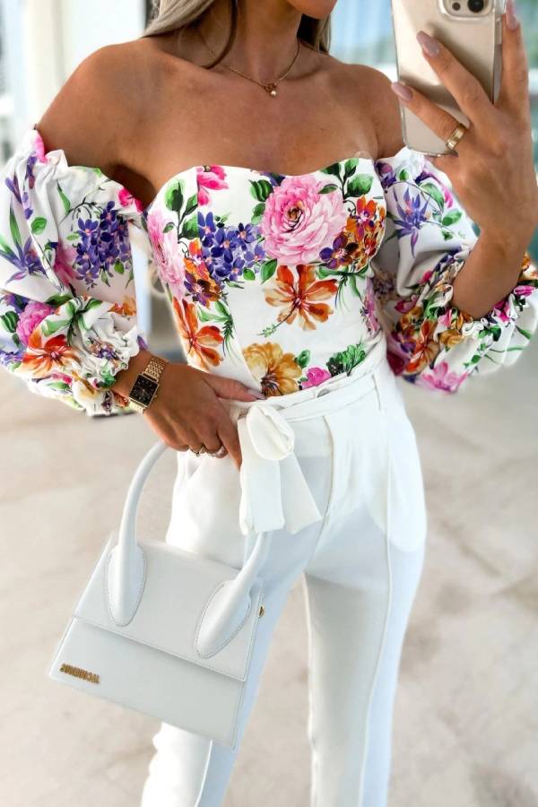 Off-shoulder puff sleeve printed waist-cinching top