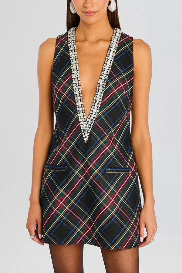 Elegant Demeanor Satin Gemstone Trim Deep V-Neck Tank H-line Mini Dress