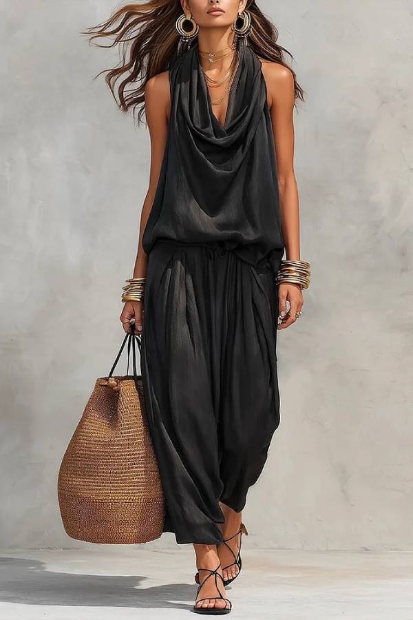 Cowl Neck Halter Sleeveless Draped Wide-Leg Two-piece Pants Set