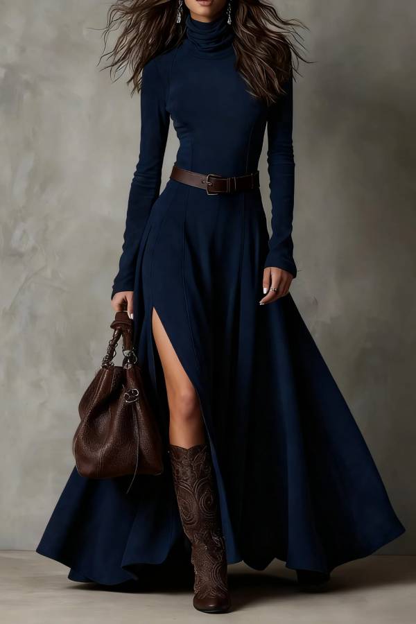Dark Brown Faux Suede Turtleneck Long Sleeve Slit Maxi Dress