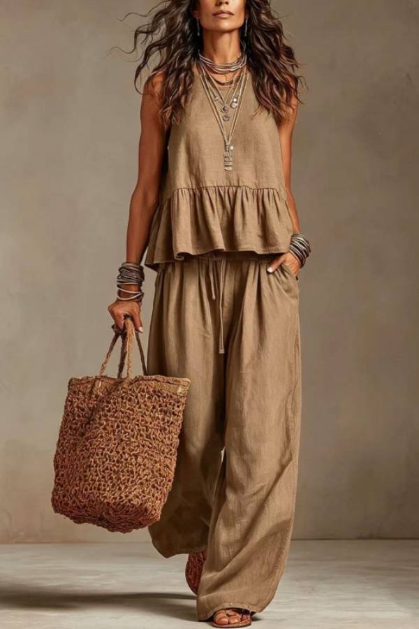 Sleeveless Ruffle Linen Top + Elastic Waist Wide-Leg Pants Set