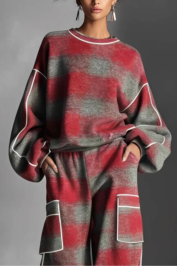 Red and Gray Plaid Color-blocked Sweatshirt and Casual Pants Two-piece set