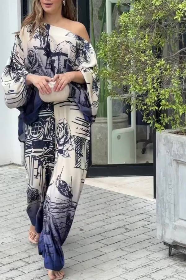 Artistic architectural print off-the-shoulder wide-sleeved wide-leg pants suit