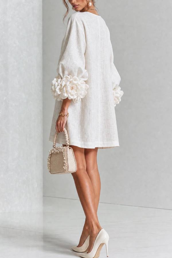 White Floral Button-down Mini Dress With Striking Floral Cuffs