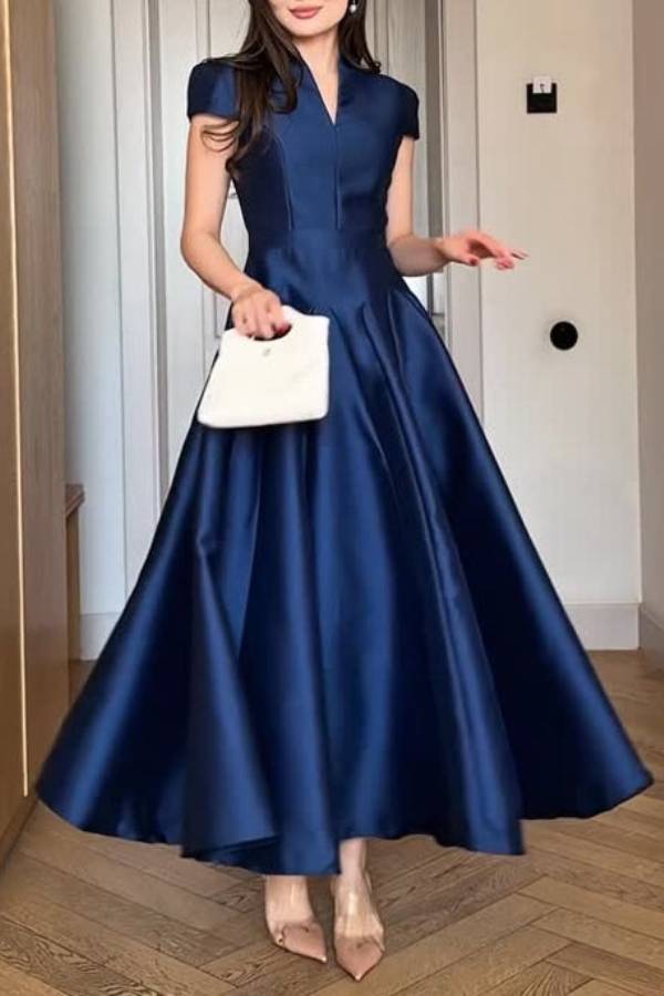 Elegant Dark Blue V-neck Long Dress